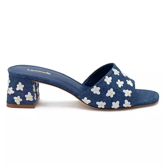 NEW | Larroudé Brigitte Flower-Embroidered Denim Mules