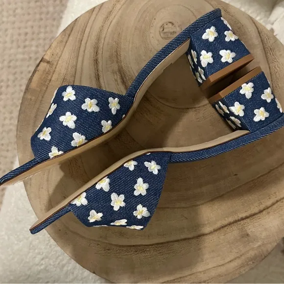 NEW | Larroudé Brigitte Flower-Embroidered Denim Mules