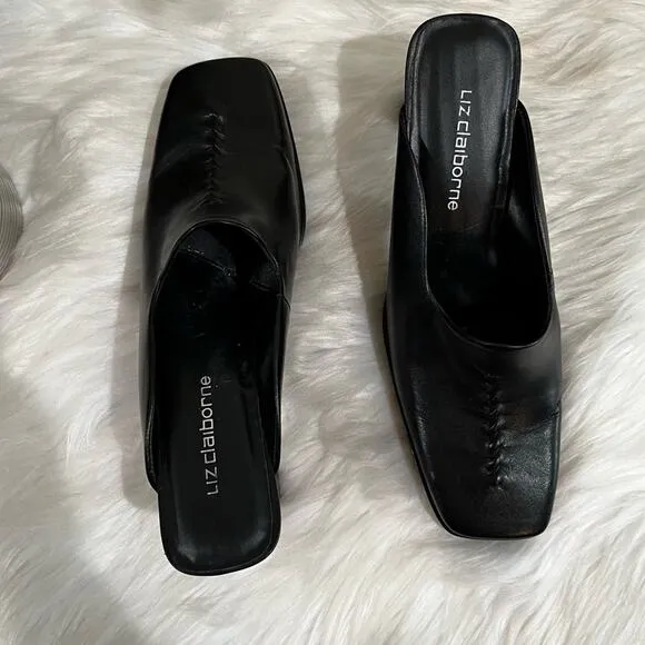 NEW Liz Claiborne Leather Square Toe High Heel Slides Mules Black Sz 7 Y2K NWOB