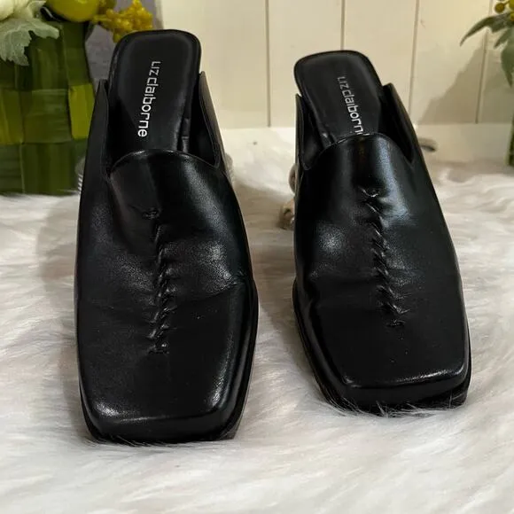 NEW Liz Claiborne Leather Square Toe High Heel Slides Mules Black Sz 7 Y2K NWOB