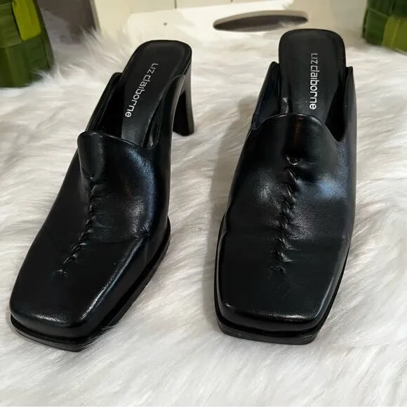 NEW Liz Claiborne Leather Square Toe High Heel Slides Mules Black Sz 7 Y2K NWOB
