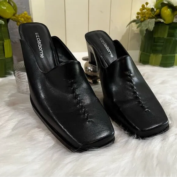 NEW Liz Claiborne Leather Square Toe High Heel Slides Mules Black Sz 7 Y2K NWOB