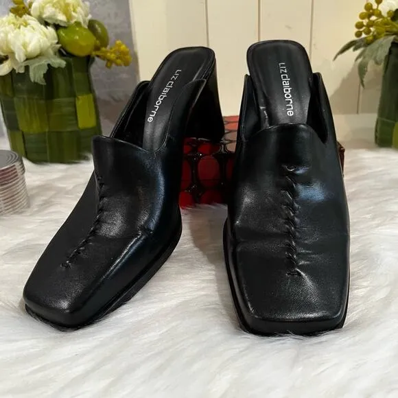 NEW Liz Claiborne Leather Square Toe High Heel Slides Mules Black Sz 7 Y2K NWOB