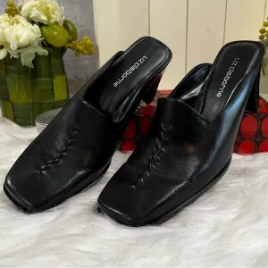 NEW Liz Claiborne Leather Square Toe High Heel Slides Mules Black Sz 7 Y2K NWOB