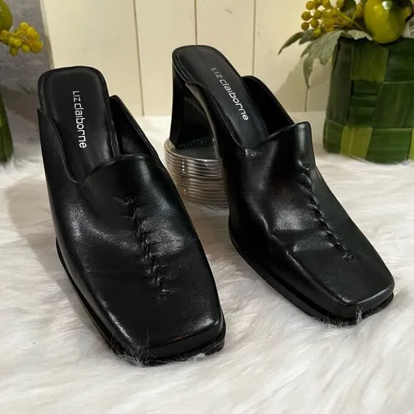 NEW Liz Claiborne Leather Square Toe High Heel Slides Mules Black Sz 7 Y2K NWOB
