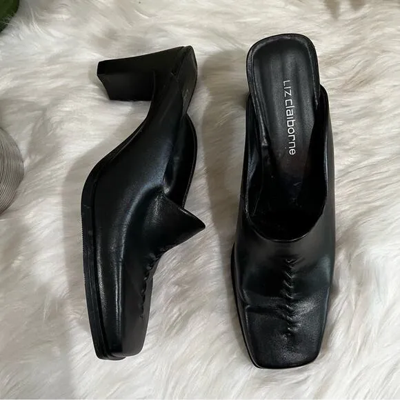 NEW Liz Claiborne Leather Square Toe High Heel Slides Mules Black Sz 7 Y2K NWOB