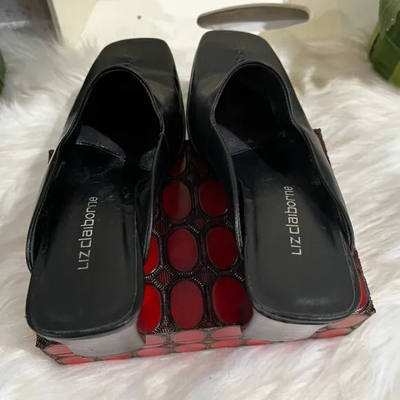 NEW Liz Claiborne Leather Square Toe High Heel Slides Mules Black Sz 7 Y2K NWOB