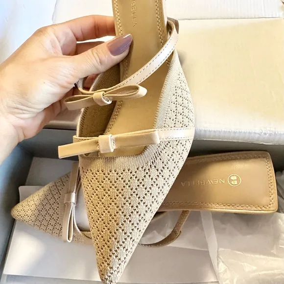 New NEWBELLA Bowtention Pointed Toe Heeled Mules Sz 7