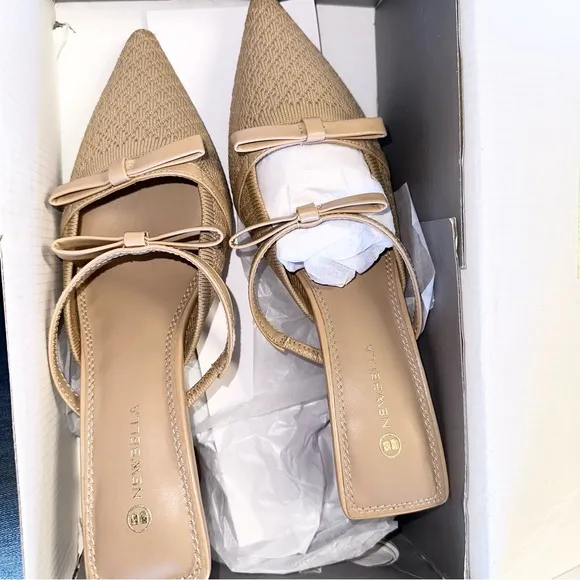 New NEWBELLA Bowtention Pointed Toe Heeled Mules Sz 7