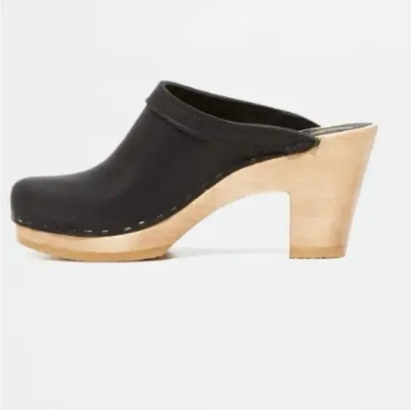 New No.6 Old School High HeelWood Base Black Leather Clogs SizeUS 5/ EUR 35