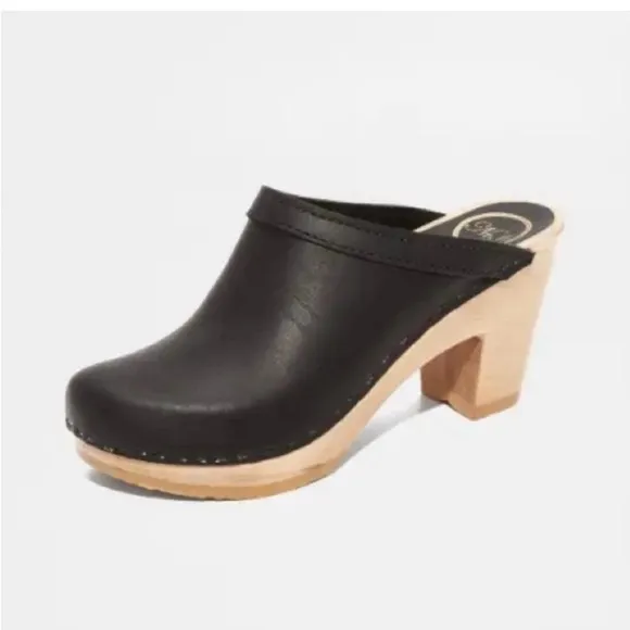 New No.6 Old School High HeelWood Base Black Leather Clogs SizeUS 5/ EUR 35