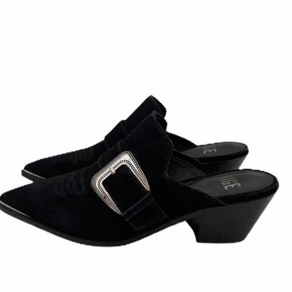 NEW Paige Kensington Western Cowgirl Black Suede Buckle Mules Booties‎ 6