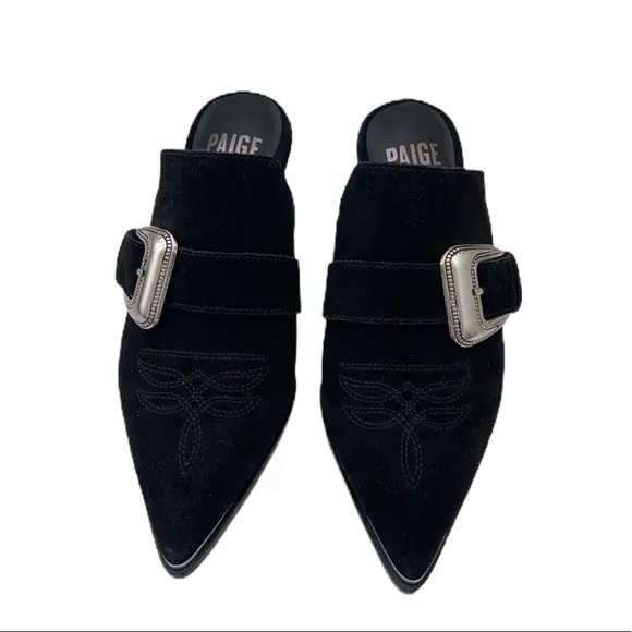 NEW Paige Kensington Western Cowgirl Black Suede Buckle Mules Booties‎ 6