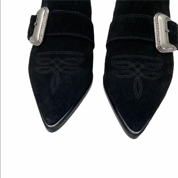 NEW Paige Kensington Western Cowgirl Black Suede Buckle Mules Booties‎ 6