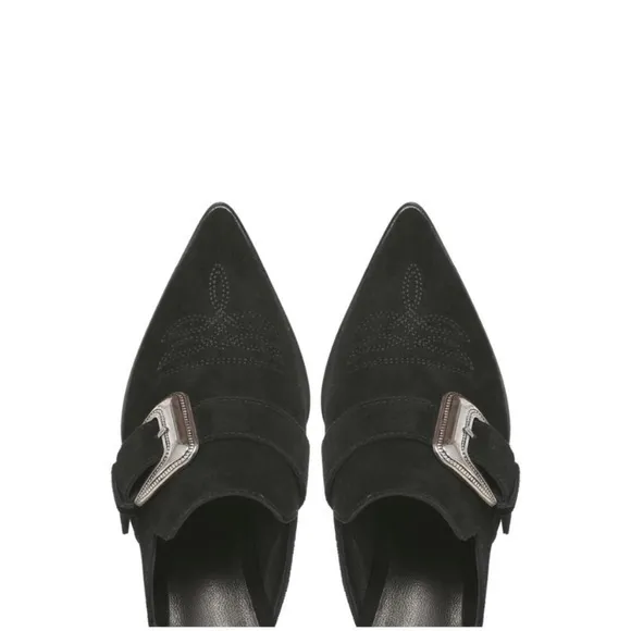 NEW Paige Kensington Western Cowgirl Black Suede Buckle Mules Booties‎ 6