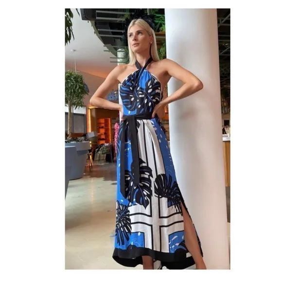 New! REISS London Erin Palm Leaf Print Halter Midi Dress in Blue and Black