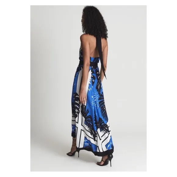 New! REISS London Erin Palm Leaf Print Halter Midi Dress in Blue and Black