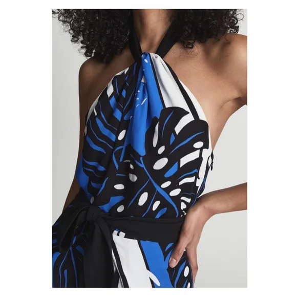 New! REISS London Erin Palm Leaf Print Halter Midi Dress in Blue and Black