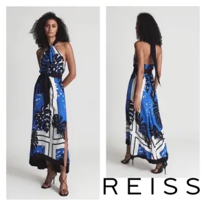 New! REISS London Erin Palm Leaf Print Halter Midi Dress in Blue and Black