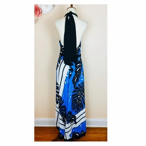 New! REISS London Erin Palm Leaf Print Halter Midi Dress in Blue and Black