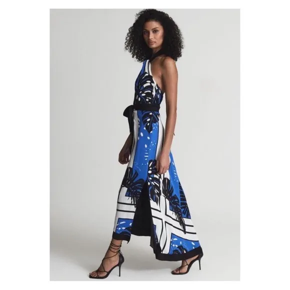 New! REISS London Erin Palm Leaf Print Halter Midi Dress in Blue and Black