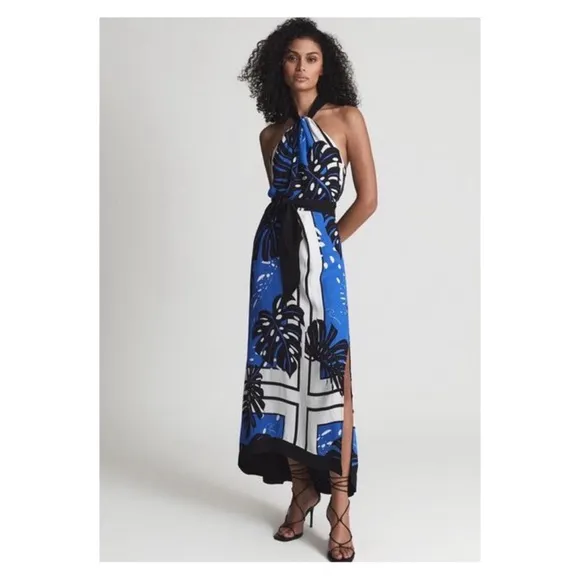 New! REISS London Erin Palm Leaf Print Halter Midi Dress in Blue and Black