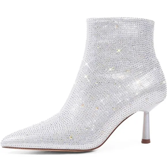 New Rhinestone Pointed Toe Ankle Boots Silver Sparkly Booties