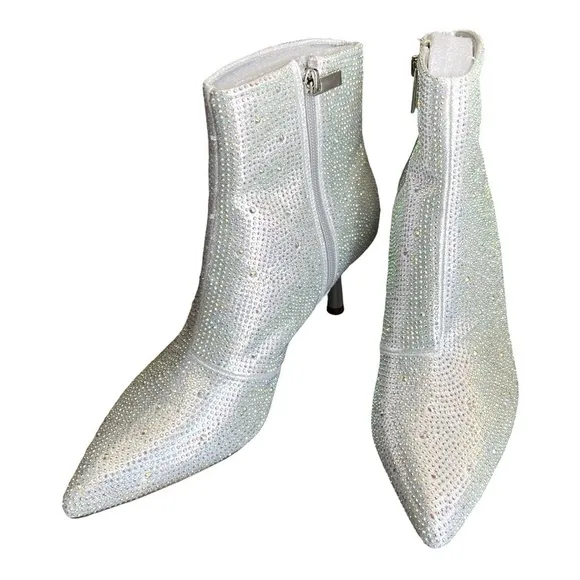 New Rhinestone Pointed Toe Ankle Boots Silver Sparkly Booties