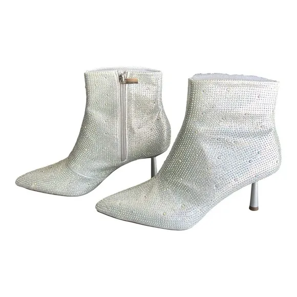New Rhinestone Pointed Toe Ankle Boots Silver Sparkly Booties