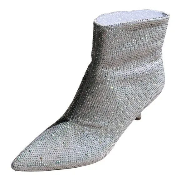 New Rhinestone Pointed Toe Ankle Boots Silver Sparkly Booties
