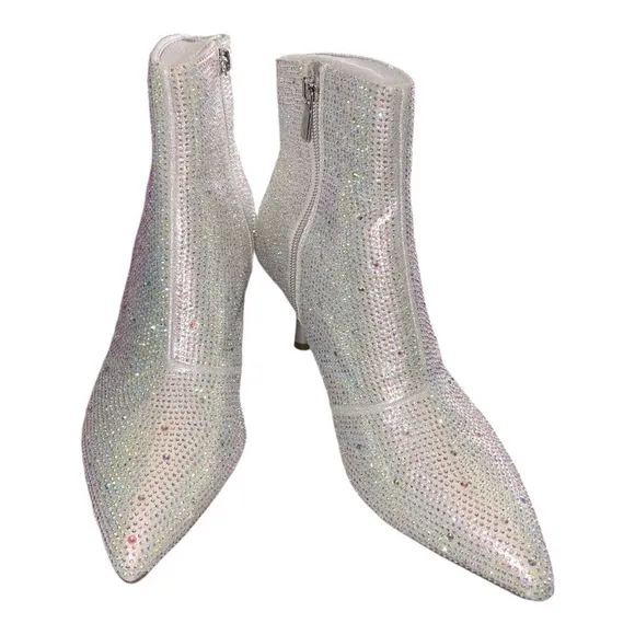 New Rhinestone Pointed Toe Ankle Boots Silver Sparkly Booties