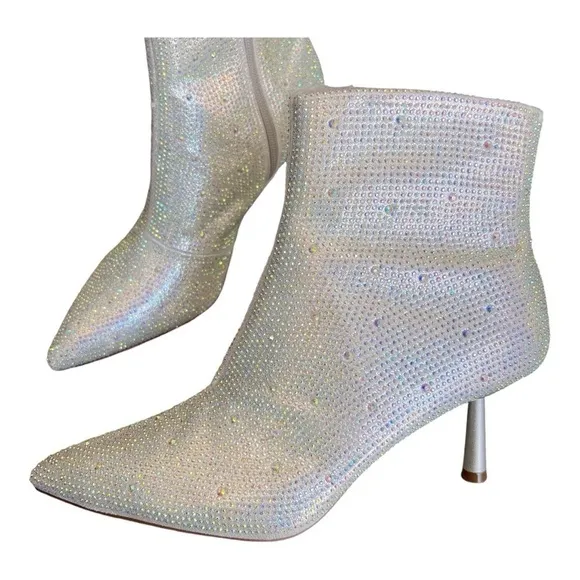 New Rhinestone Pointed Toe Ankle Boots Silver Sparkly Booties