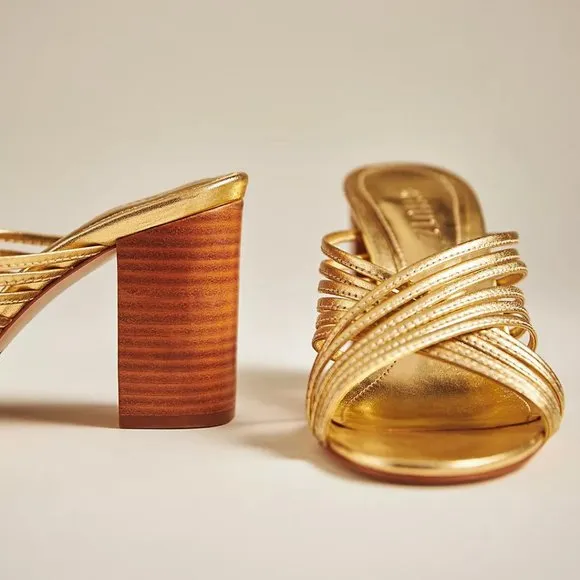 NEW Schutz Size 9.5 Women's Evangeline Mule Strappy Heels - Gold