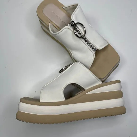 New Stella McCartney Women's White &amp; Beige Wedge Scuba Platform Slides US Size 8