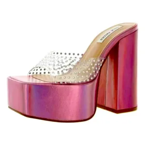New STEVE MADDEN Ruby Iridescent Jewel Platform Sandal Block Heel Mules SZ 9.5