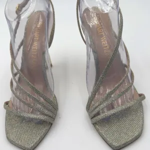 New Stuart Weitzman Melody Gold/Silver Strappy Heels. Sparkling Fabric Size 9.5