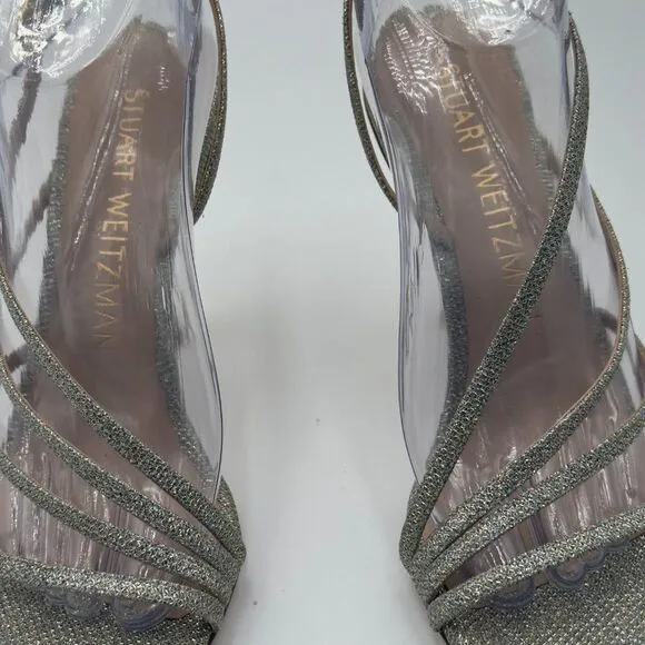 New Stuart Weitzman Melody Gold/Silver Strappy Heels. Sparkling Fabric Size 9.5