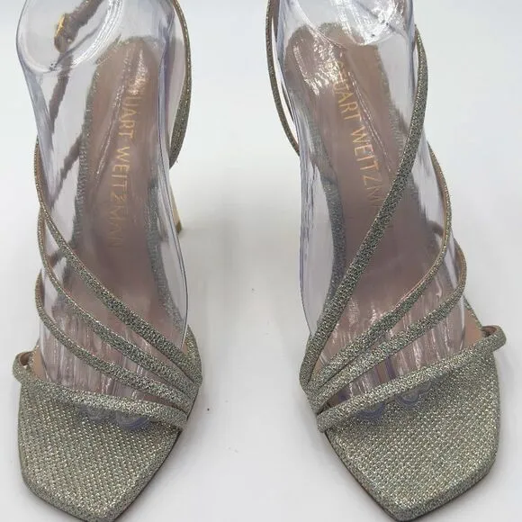 New Stuart Weitzman Melody Gold/Silver Strappy Heels. Sparkling Fabric Size 9.5