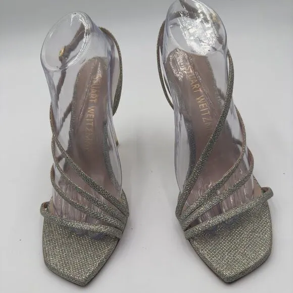 New Stuart Weitzman Melody Gold/Silver Strappy Heels. Sparkling Fabric Size 9.5
