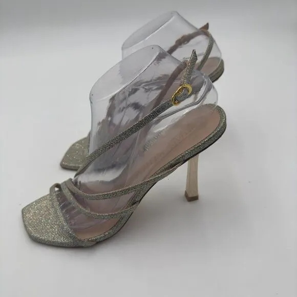 New Stuart Weitzman Melody Gold/Silver Strappy Heels. Sparkling Fabric Size 9.5