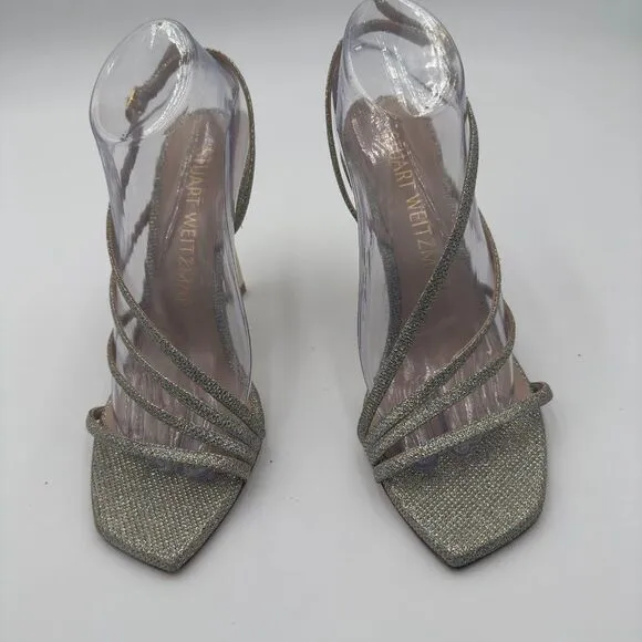 New Stuart Weitzman Melody Gold/Silver Strappy Heels. Sparkling Fabric Size 9.5