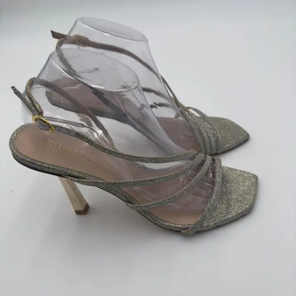 New Stuart Weitzman Melody Gold/Silver Strappy Heels. Sparkling Fabric Size 9.5