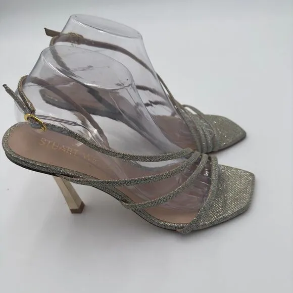 New Stuart Weitzman Melody Gold/Silver Strappy Heels. Sparkling Fabric Size 9.5