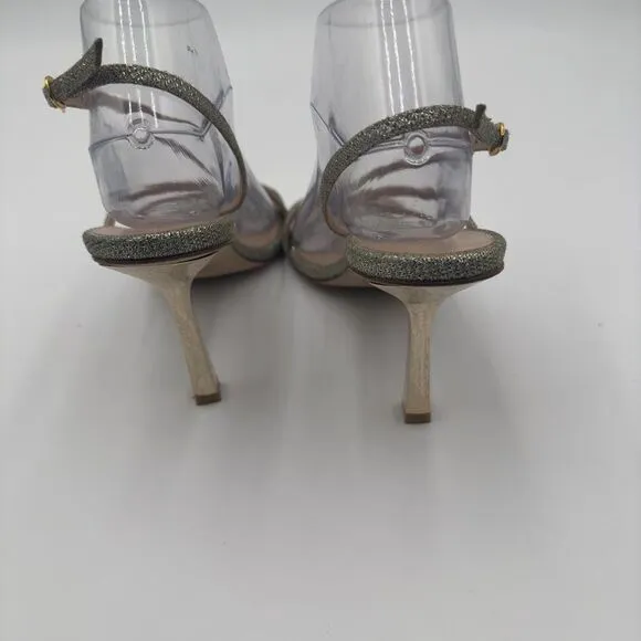 New Stuart Weitzman Melody Gold/Silver Strappy Heels. Sparkling Fabric Size 9.5