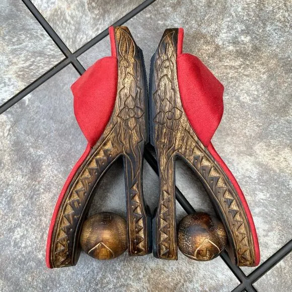NEW Unique Red Hand Carved Wooden Wedge Heeled Slide Mules Sandals Size 8