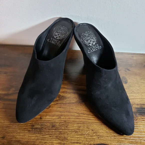 NEW Vince Camuto Black Suede Emberly Mule Comfy Slip On Leather Comfy Heels