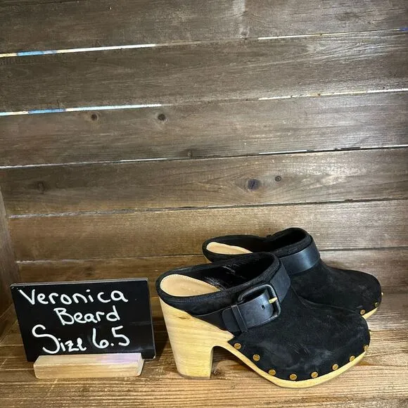 New Womens Veronica Beard Dacey Black Suede Heeled Mules Clogs Size‎ 6.5 M