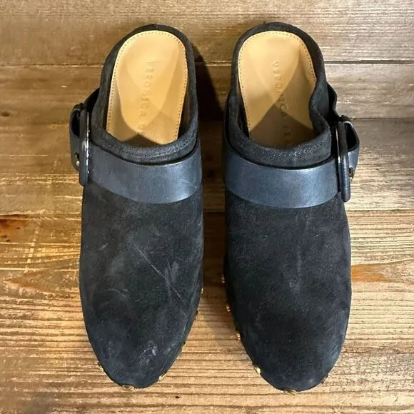 New Womens Veronica Beard Dacey Black Suede Heeled Mules Clogs Size‎ 6.5 M