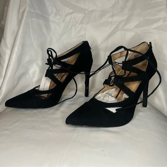 New York &amp; Company Black Pointed Toe Strappy Lace Up Heels