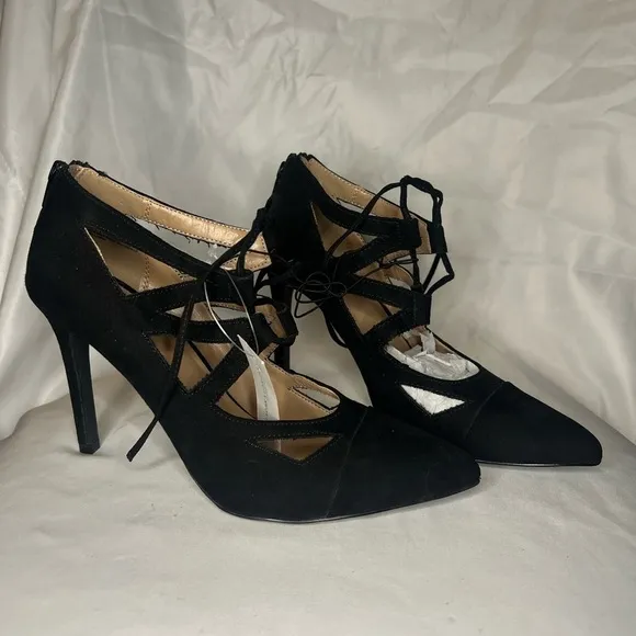 New York &amp; Company Black Pointed Toe Strappy Lace Up Heels